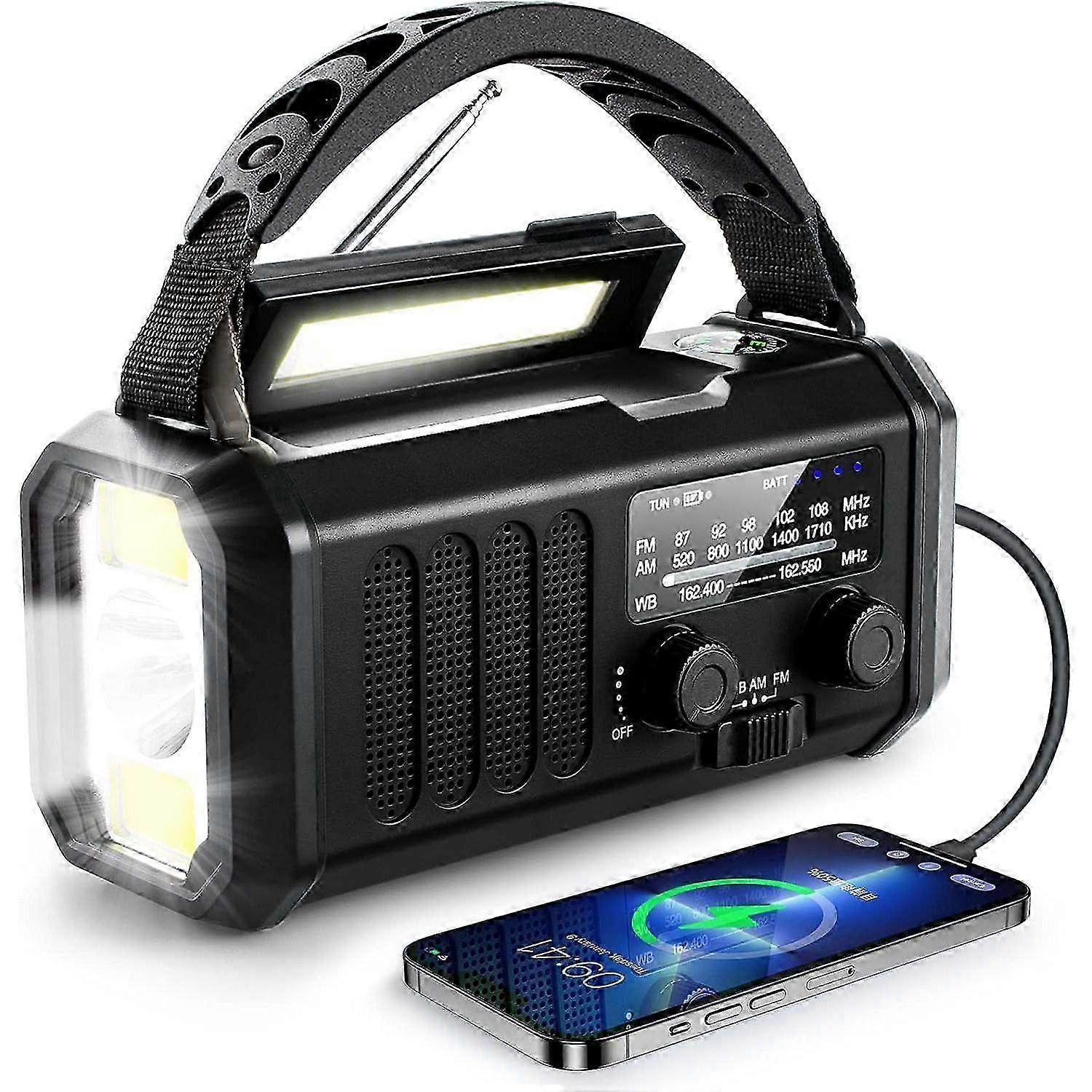 Emergency Radio, 10000mAh battery,NOAA/AM/FM Radio,Crank Dynamo, solar, USB Type-C Charging,Torch,LED Reading Light, SOS Alarm, Compass for Camping we