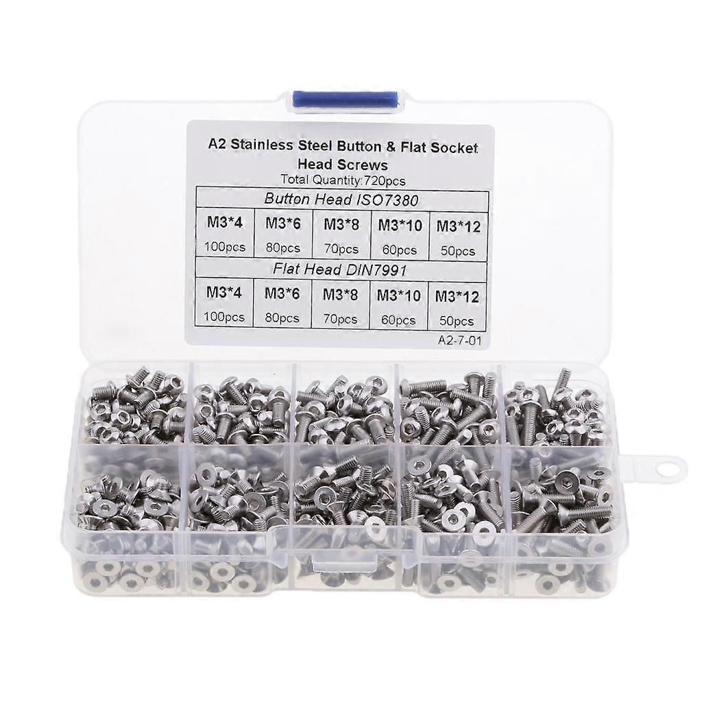 720pcs M3 4/6/8/10/12mm Button & Flat Head Hex Socket Bolts Screw Kit Set