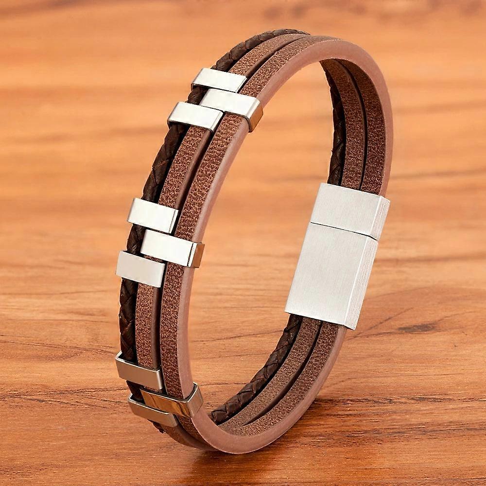 Three Layer Stitching Accessories Stainless Steel Mens Leather Bracelet