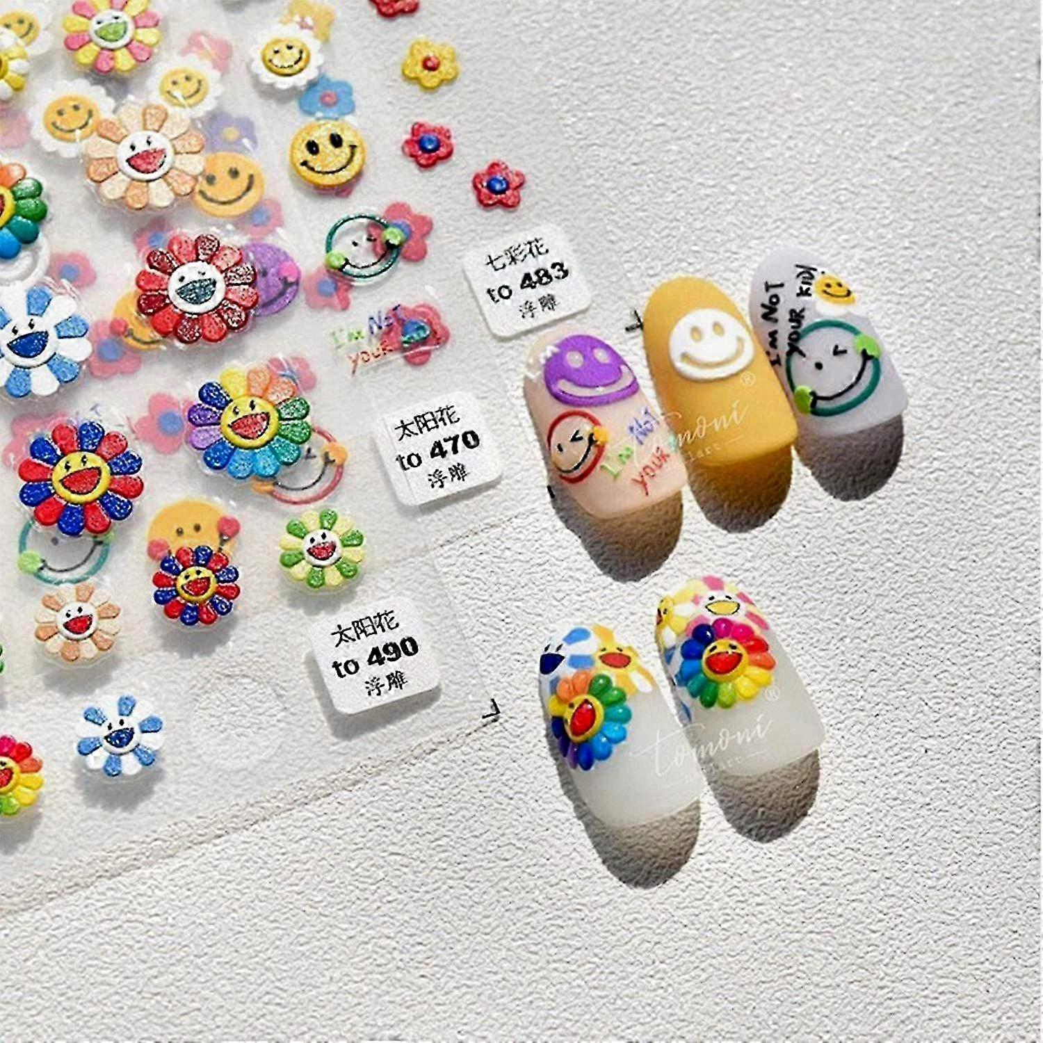 New 5D Stereoscopic Embossed Nail Art Stickers Featuring Candy Color Cartoon Smiling Face and Colorful Flower Design, Self-Adhesive for Use 