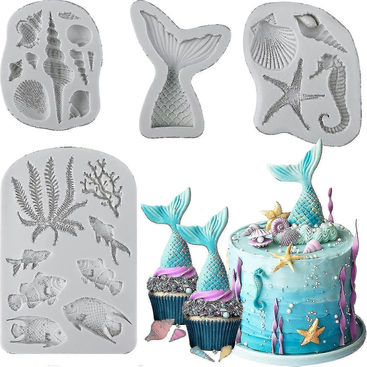 Marine Theme Fondant Molds, 4 Pcs Mermaid Tail Seashell Conch Starfish Baking Silicone Molds For Cake Decoration Chocolate Soap Crafting Wyelv