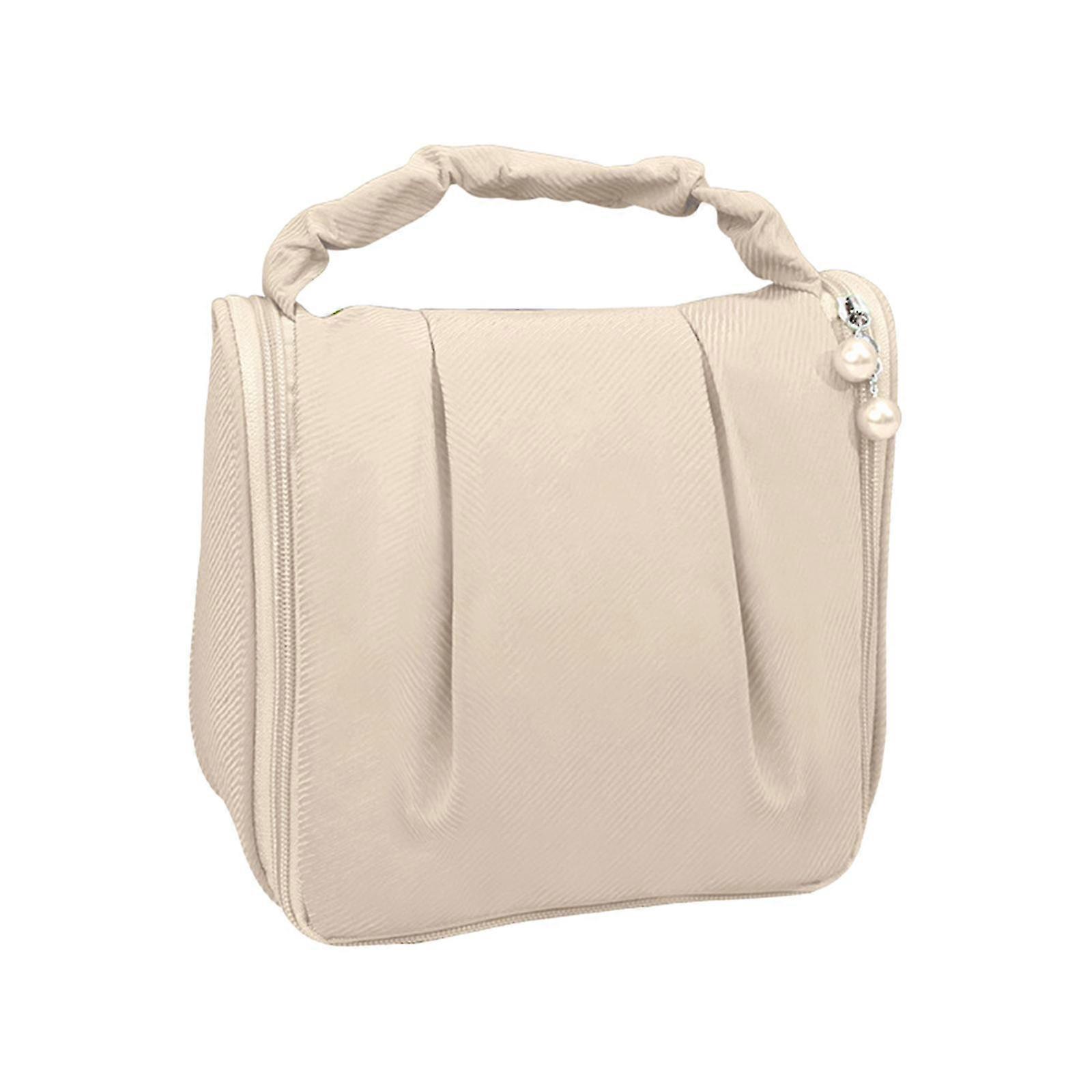 市松模様のPUレザーメイクアップバッグラージ化粧品収納ケース-ベージュ