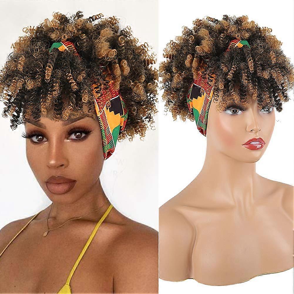 Short Kinky Curly Wigs with Bangs Headwrap 2 in 1,Ombre Brown Wig with Scarf Turban 1B/27