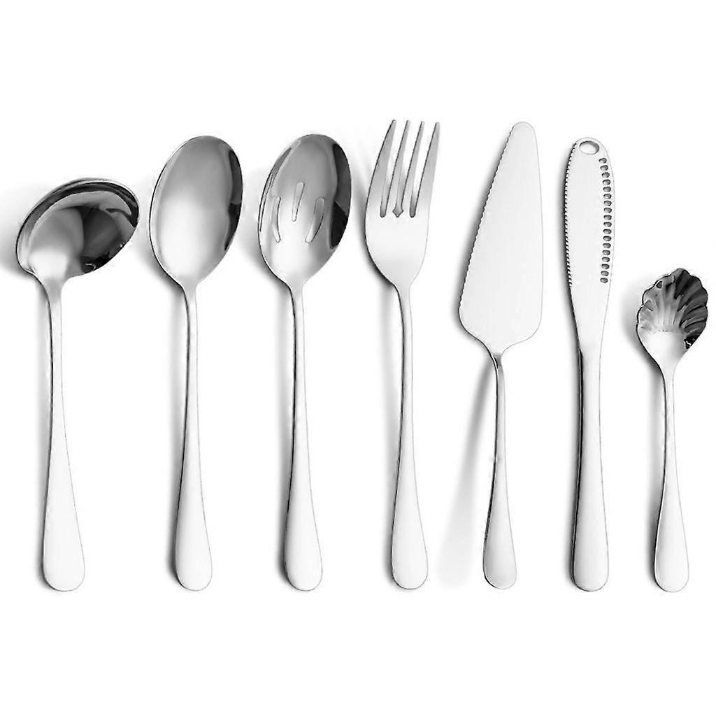 7-piece cutlery set, stainless steel utensils, table service, spoon, fork, sieve, butter knife (silver)