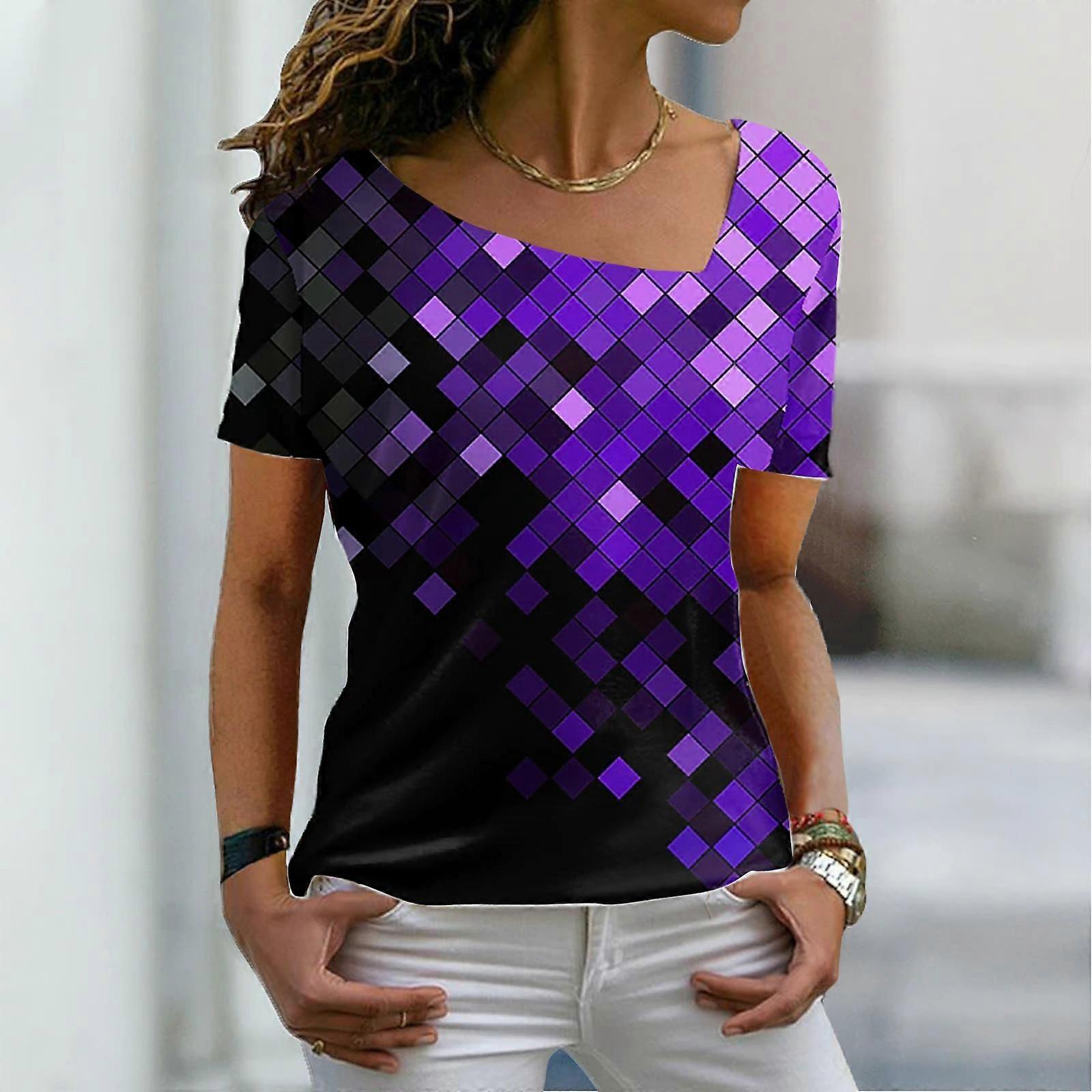 Ladies 3D Print Colorful Sequins Irregular Collar Short Sleeve Base Outing T-Shirts for Women