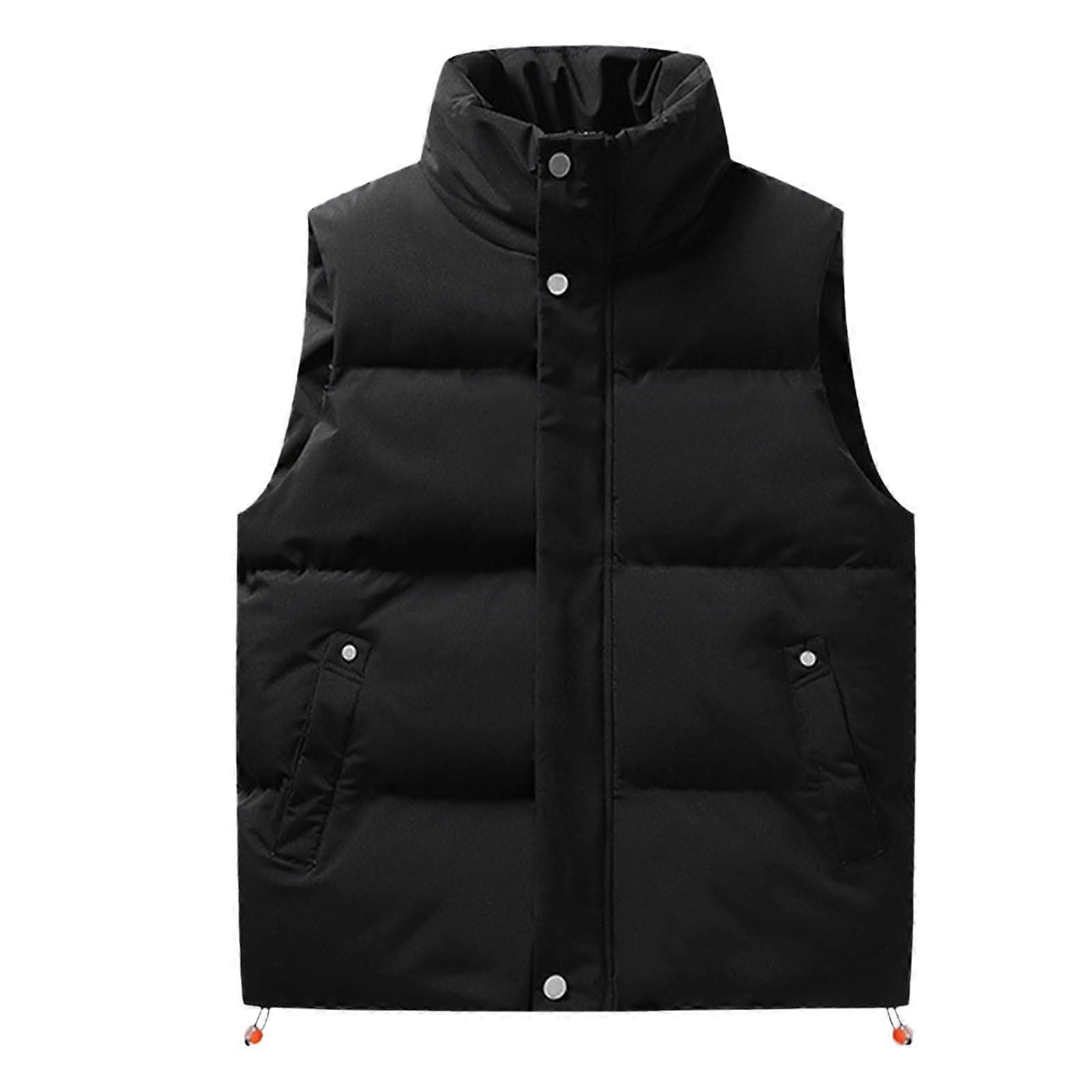 Men's Quilted Winter Vest Black Softshell Down Vest with Stand-Up Collar and Zip Pockets, Regular Fit M