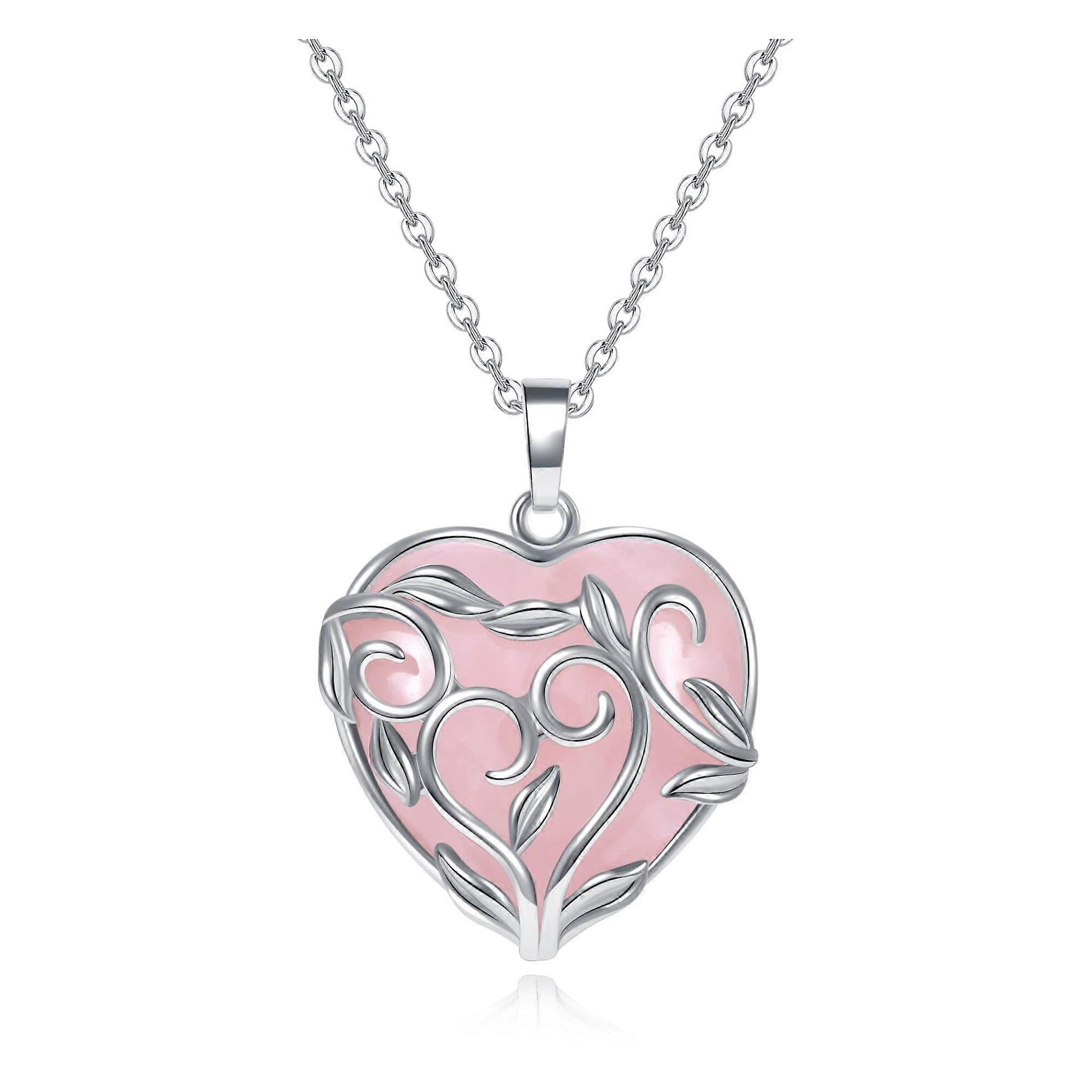Women's Gemstone Silver Heart Pendant Necklace with Rose Quartz Amulet, Healing Gemstone Wrap Design, Adjustable Chain