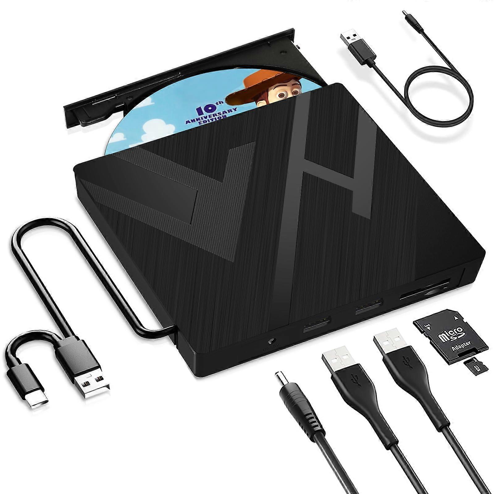 External CD DVD Drive USB 3.0 Type C, SD/TF Card Reader, Portable RW Burner for Laptop, MacBook, Win11/10/8/7, Linux, Mac OS