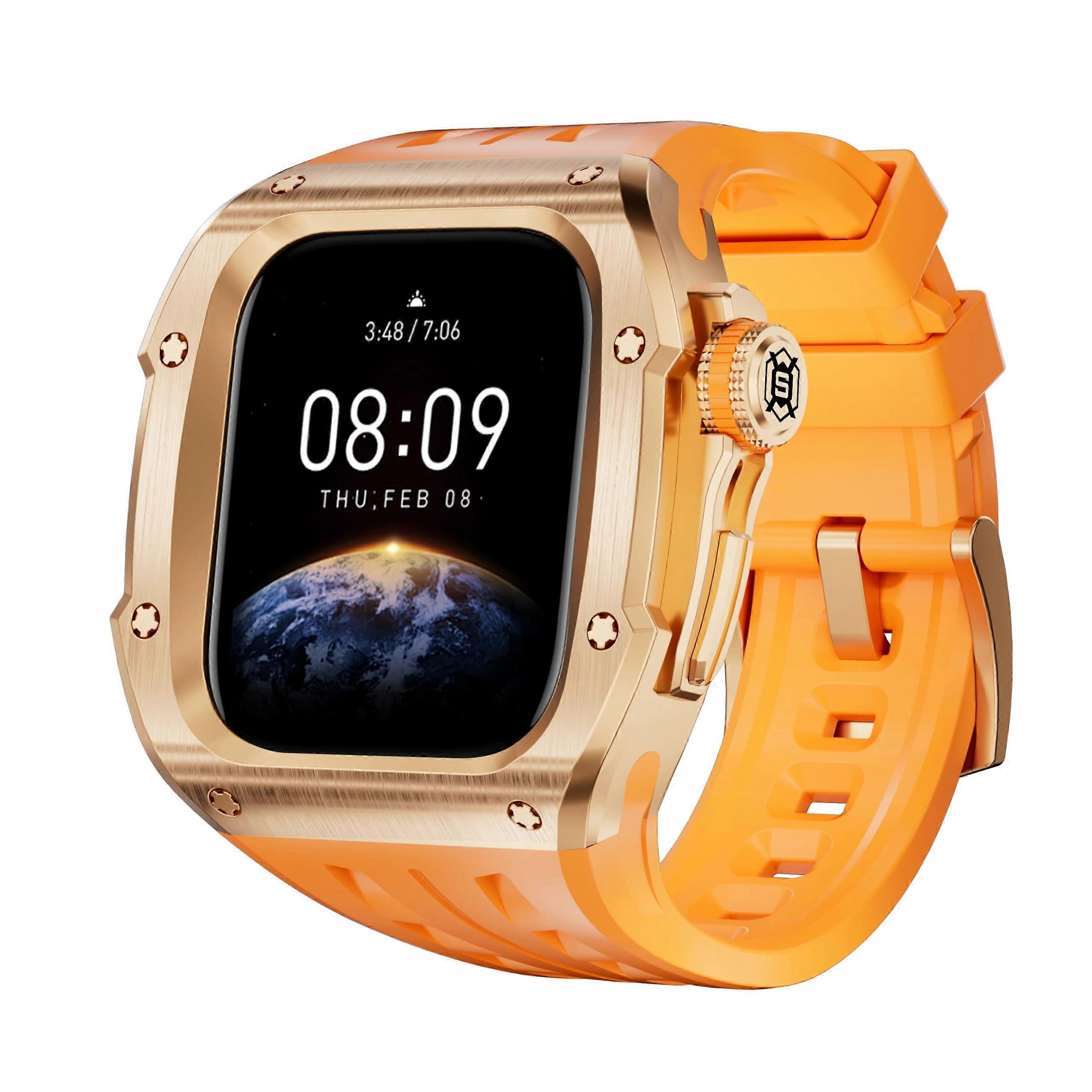 316L Stainless Steel Case Rubber Strap Mod Kit Set, for Series 10 46mm Watch Bands Rose Gold Orange 46mm
