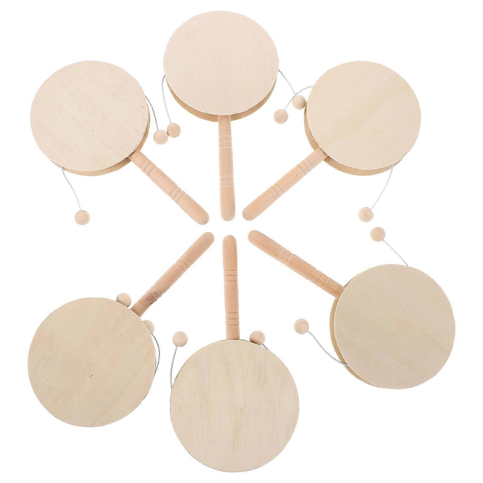 6pcs 7" Wooden Hand Rattles for Kids – Unpainted Rattle Drums for DIY Crafts – Ideal for Family & School Events