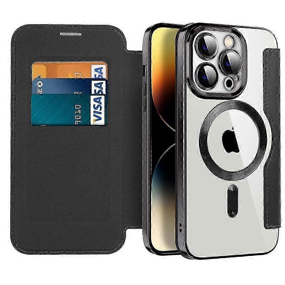 Magnetic Flip Wallet Case Compatible with iPhone 14 13 12 11 Pro Max Plus, Genuine Leather Cover with Clear Protection & Wireless Charging Support