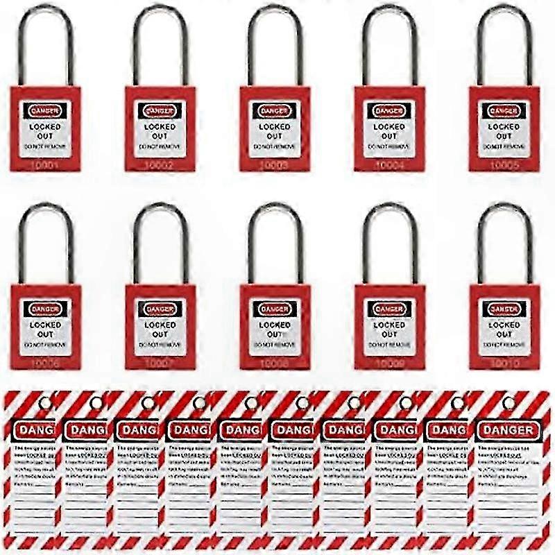 Safety Lockout Tagout Kit with 10 Red Keyed Different Padlocks and Tags