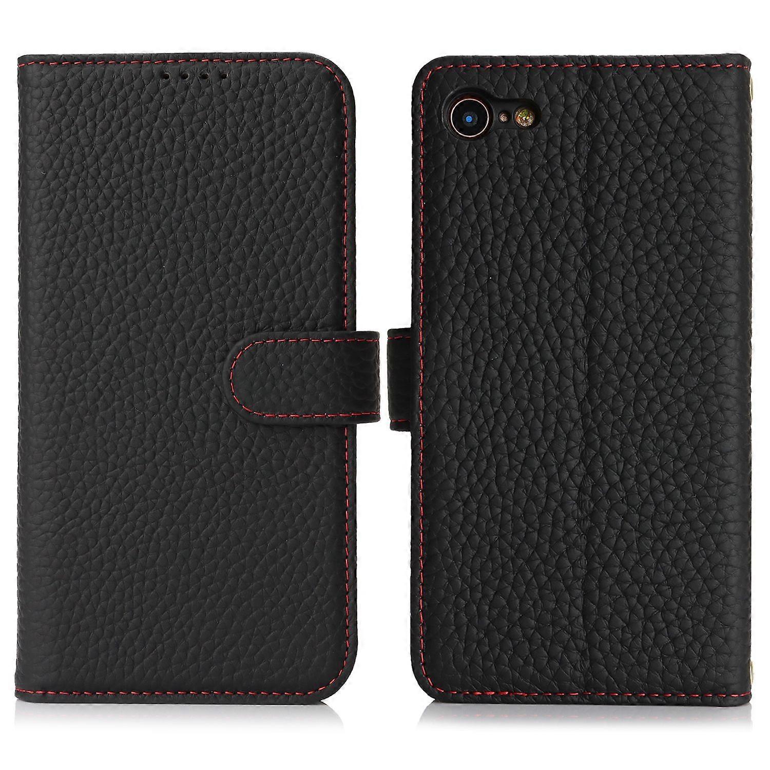 Für iPhone SE (2022)/ (2020)/ 8/ 7 Stand Case Litschi Textur Echtes Rindsleder Brieftasche Handyhülle