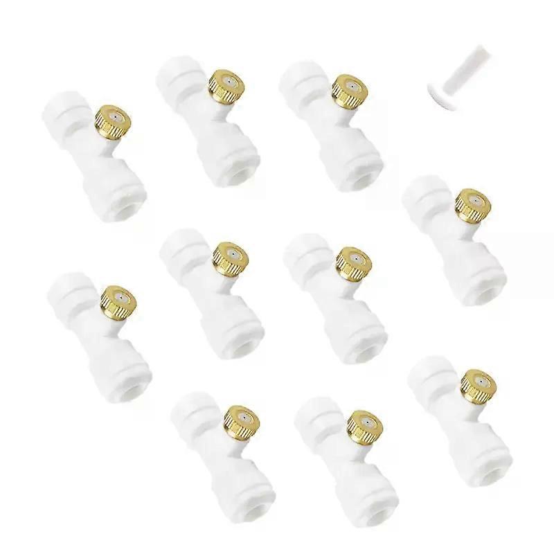 10 Pcs Quick To Connect Misting Tee Fittings With 3/16 Thread Brass Nozzle Fogger Atomizer Water Sprayer For 1/4 Tubing