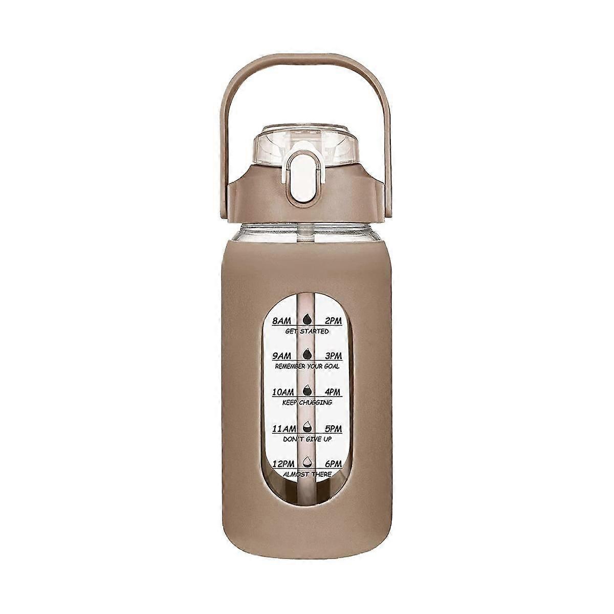 64Oz Glass Water Bottles with Straw, Glass Bottle with Silicone Sleeve and Time Marker, for Gym Hom