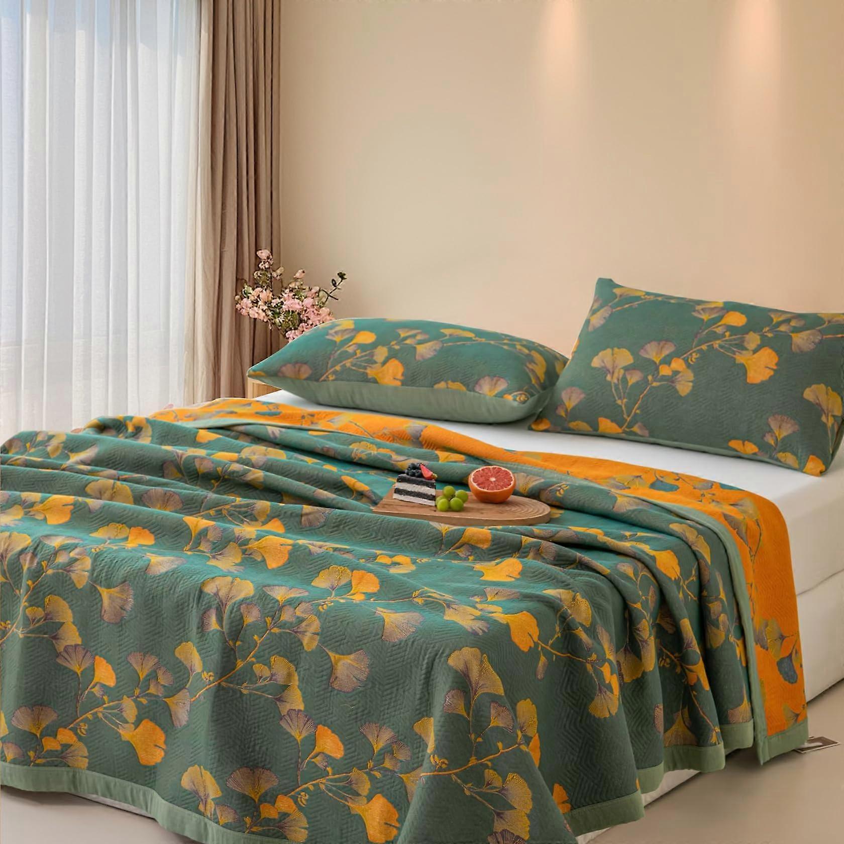 Reversible Ginkgo Quilt King Size Bedding Set With 2 Shams Soft Cotton All Seasons Dark Green 91W X 98L