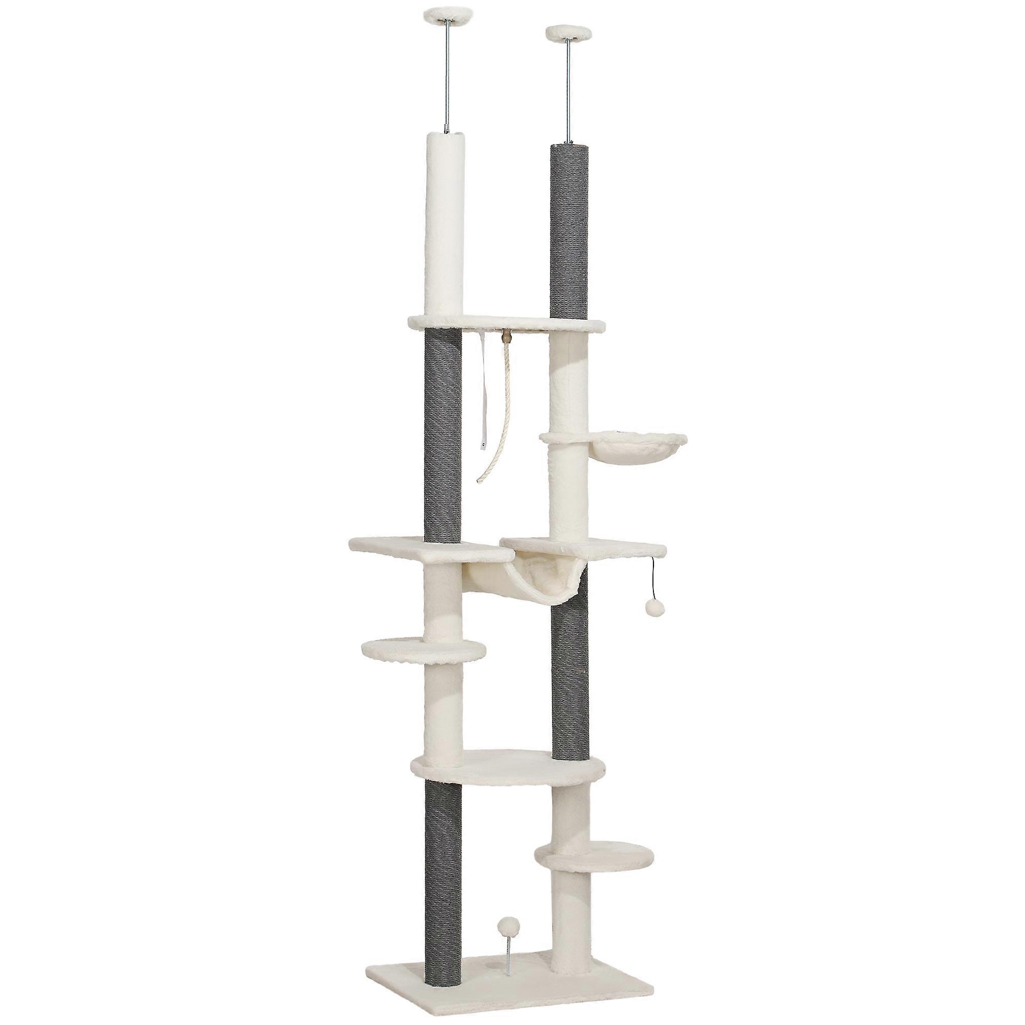 PawHut Cat Tree 225-255 cm Hammock Scratching Posts Basket White
