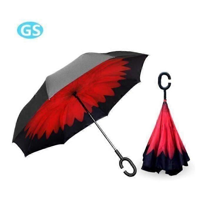 Reverse Umbrella Inverted Automatic Umbrella Large Size Waterproof Anti UV Windproof Anti-Flip C Handle (Black Red)