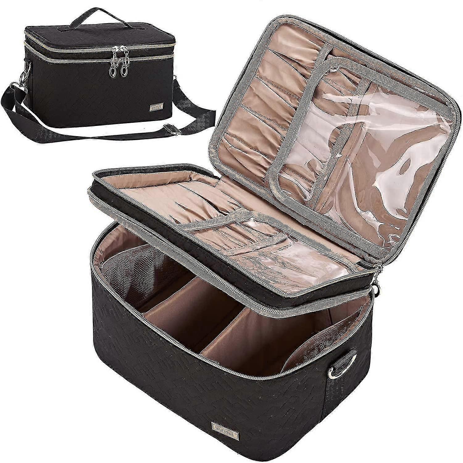 Double Layer Travel Makeup Bag With Strap, Large Cosmetic Case Organization