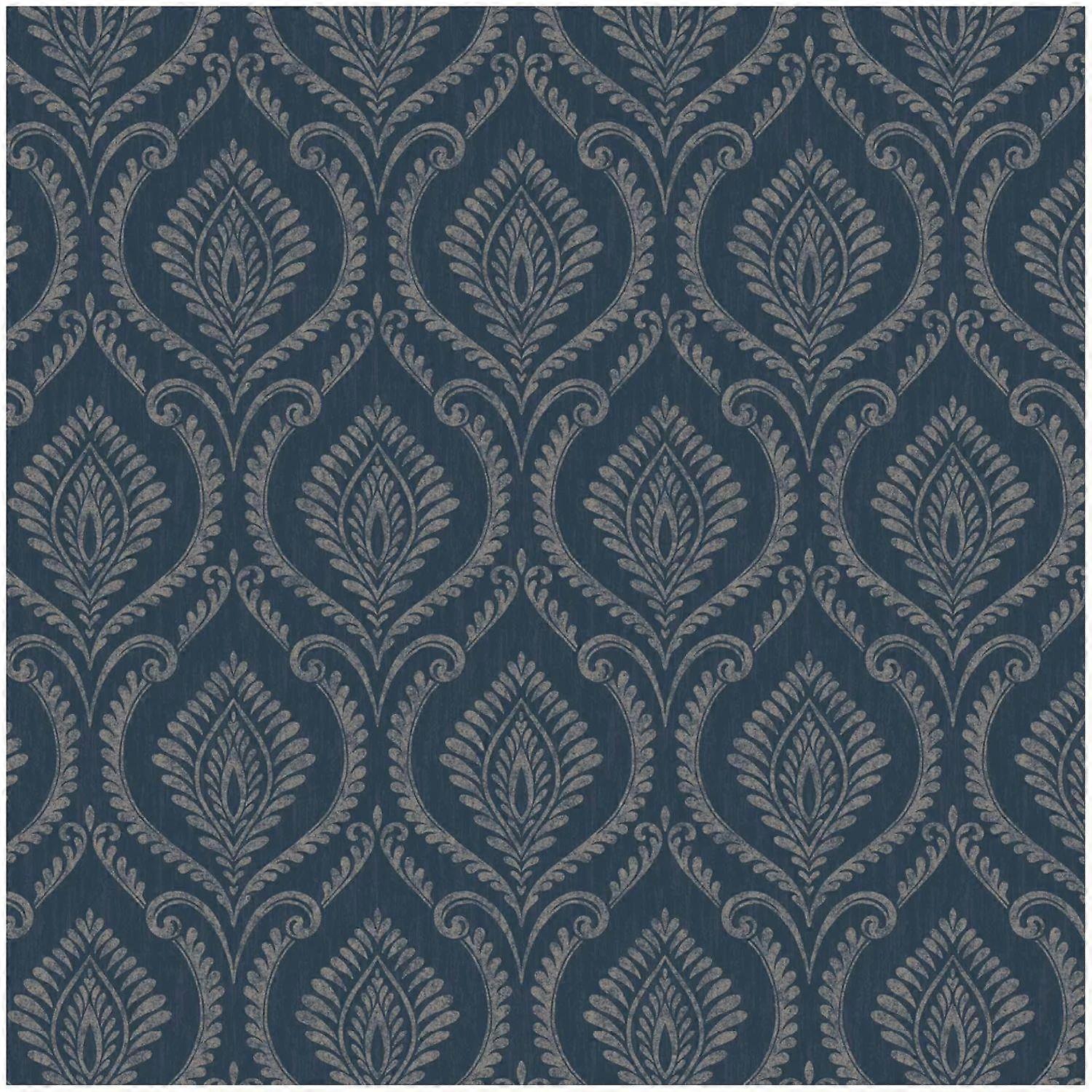 Fine Decor Crown Estelle Damask Navy Wallpaper