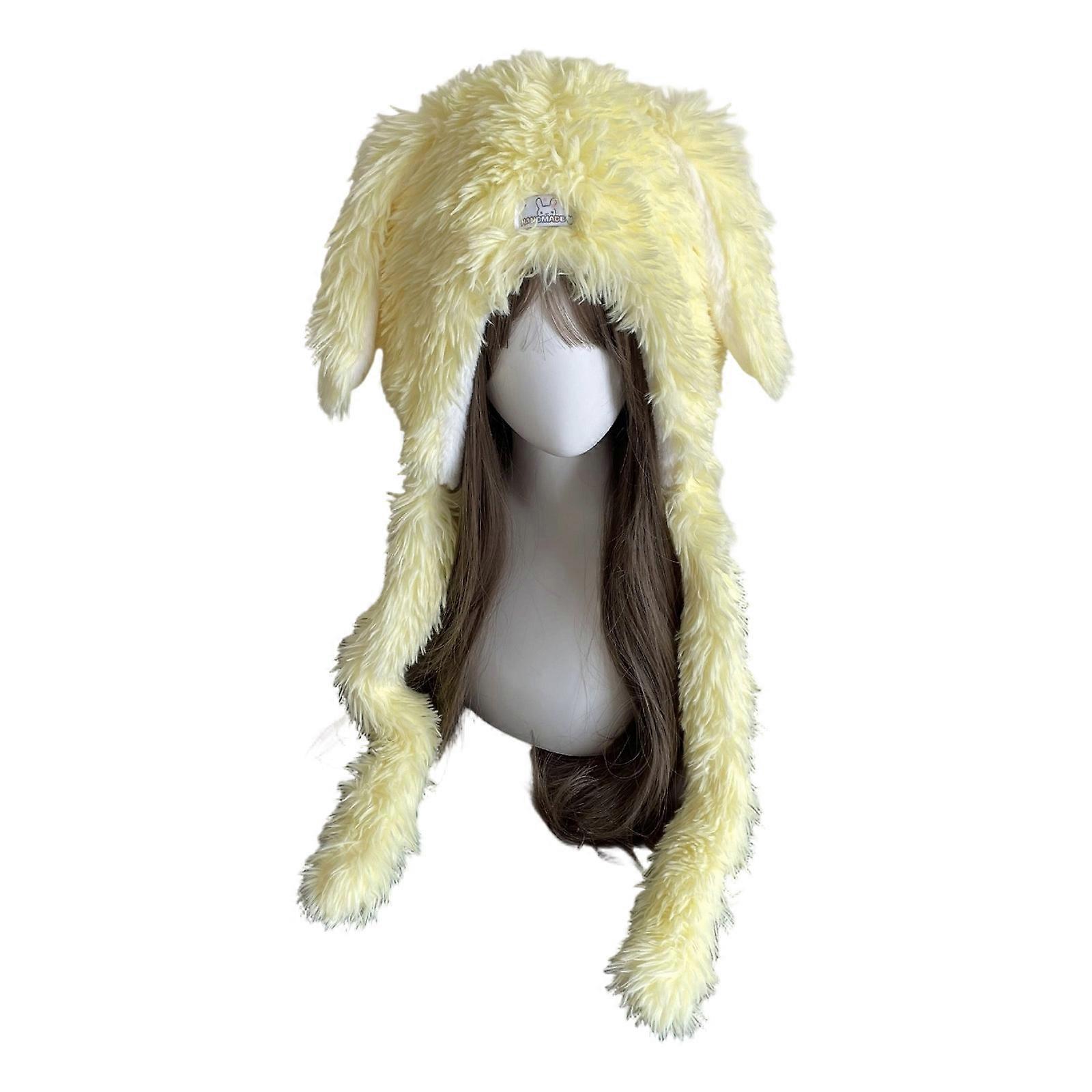Breathable Winter Plush Hat with Fleece Lining Warm EarFlaps Long Ears Design Pullover Hat for Cold Weather Comfortable  Yellow