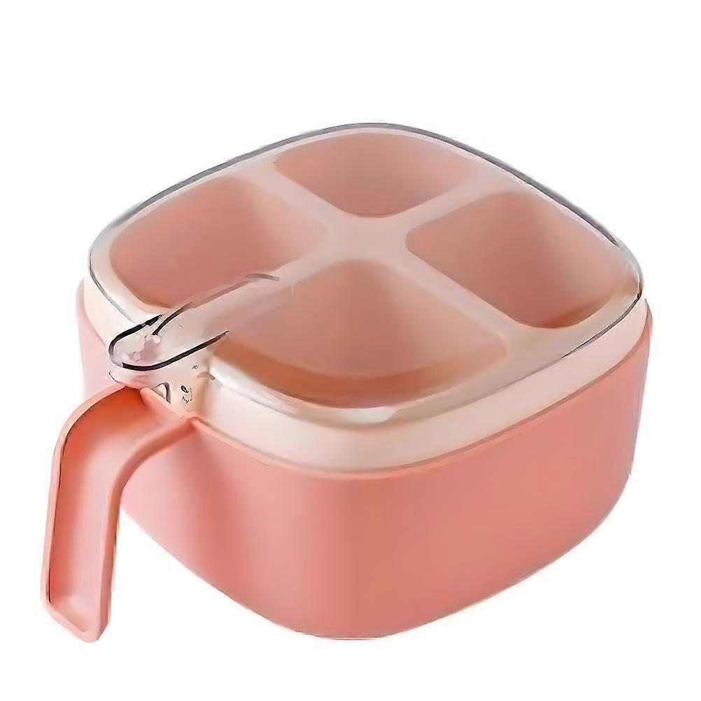Spice Organizer with Clear Lid and Handle, 4Grid Seasoning Box with Spoons, Pink Kitchen Holder