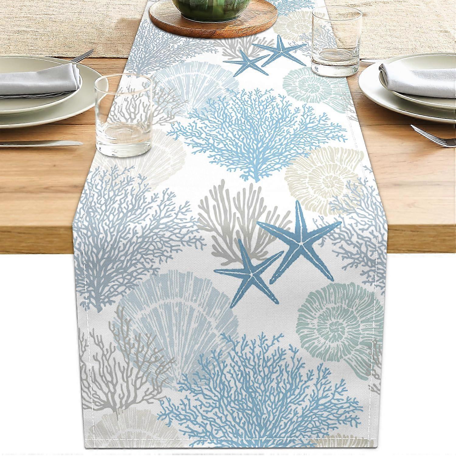 Coastal Table Runner 13x71 Blue Teal Linen with Seashell Pattern for Dining Table and Home Decor