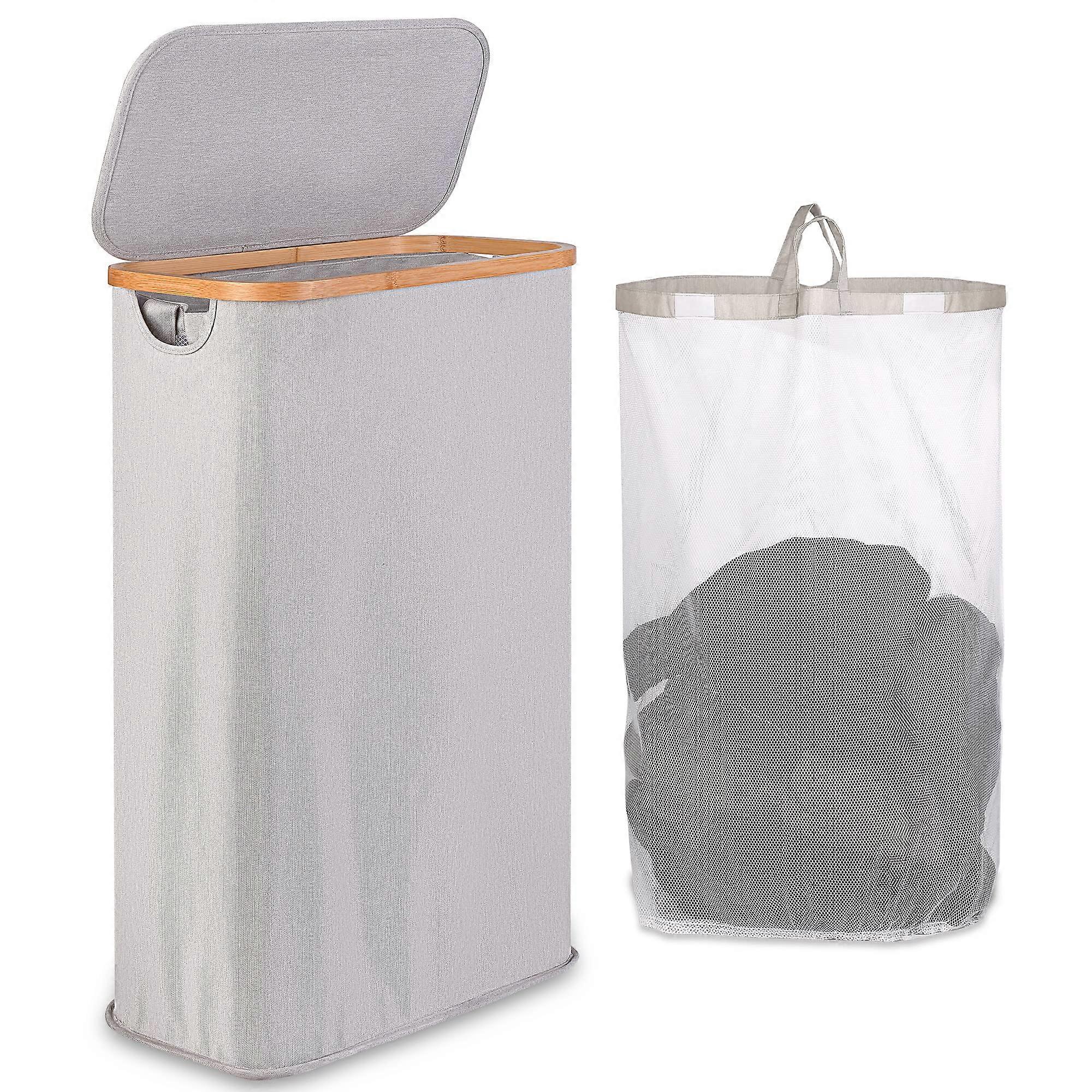 Washing Basket for Laundry 60L Slim Design with Removable Washable Inner Bag, Foldable Bamboo Handle Bin Light Grey