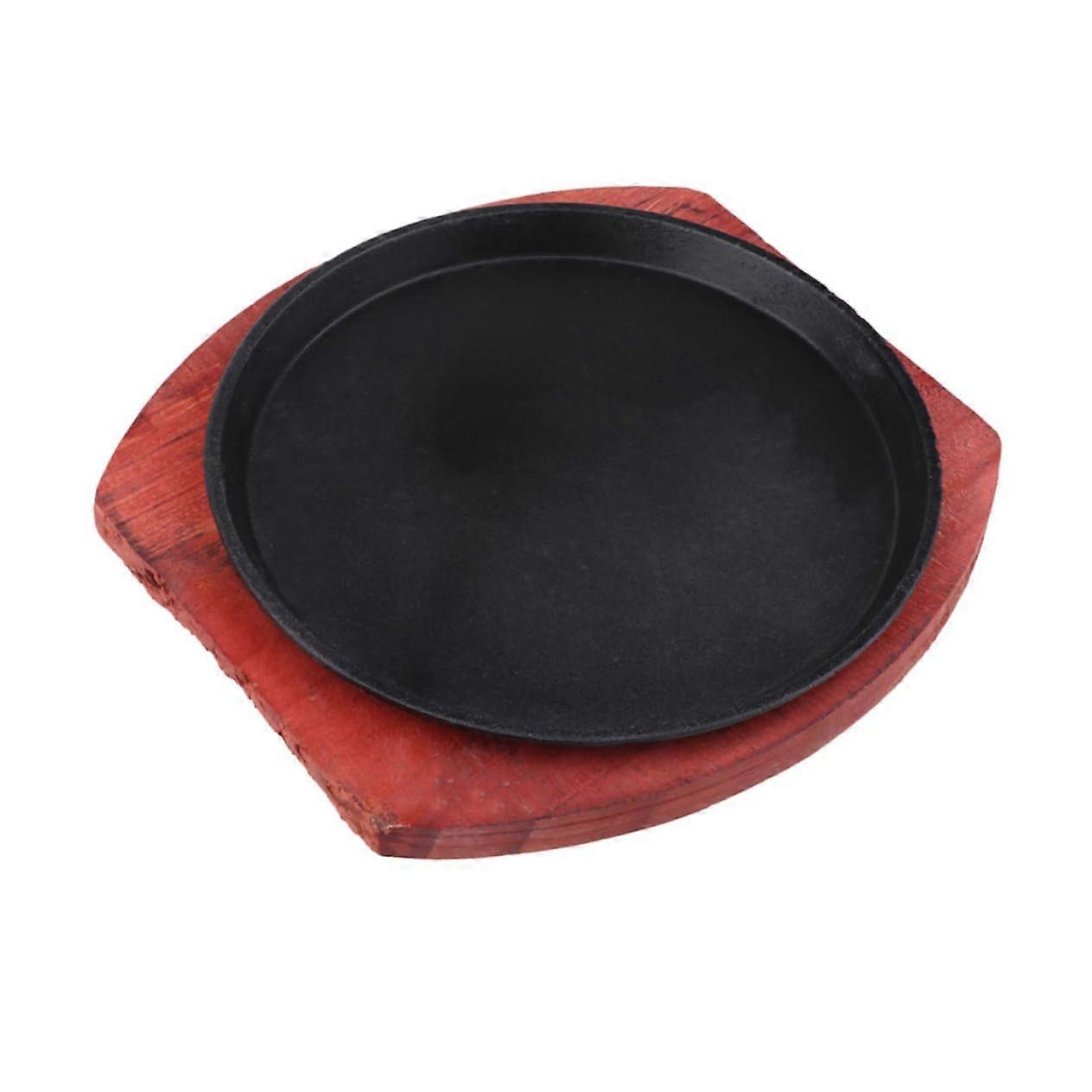 Cast Iron Fajita Pan with Wooden Tray, Non Stick Round Griddle for Induction and Gas Stoves