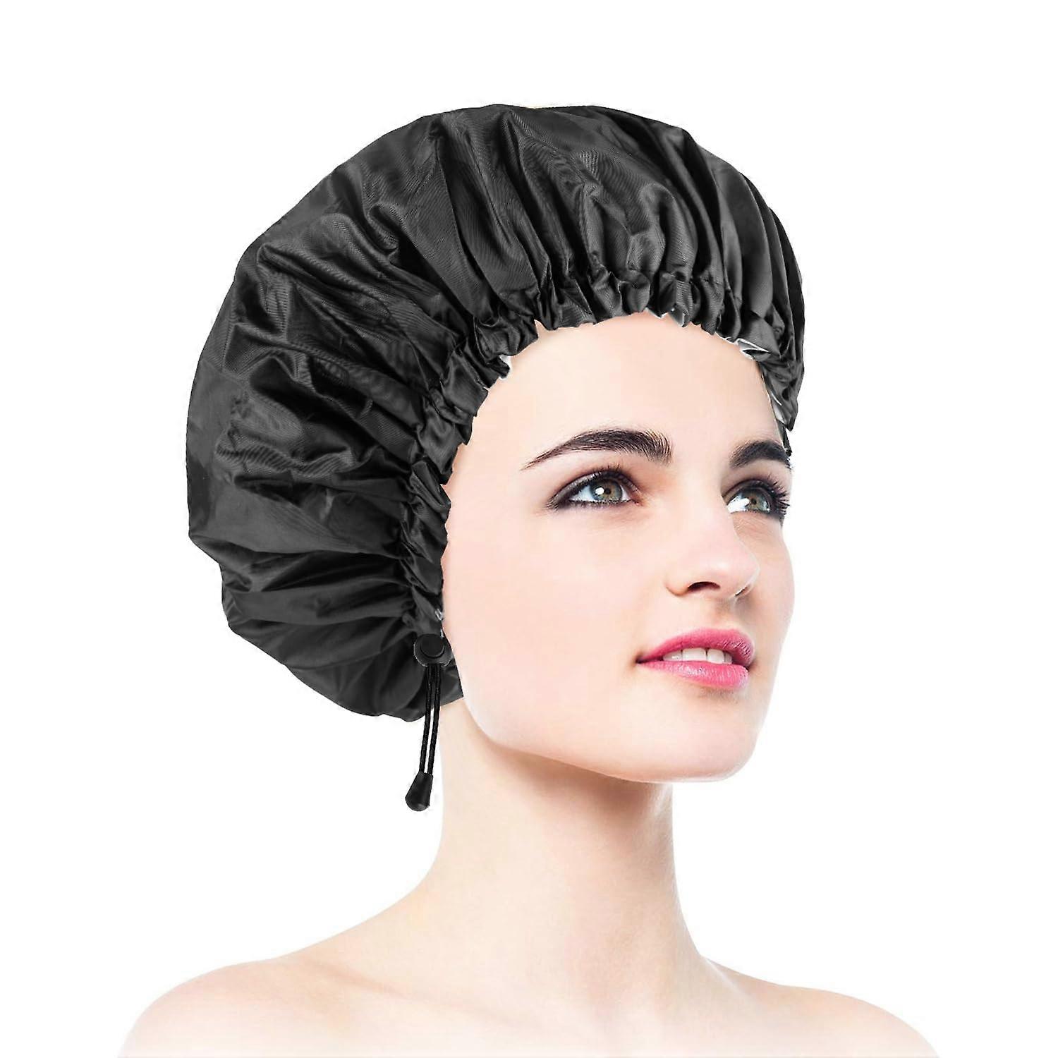 Oversized Waterproof Shower Cap for Women, Adjustable DoubleLayer Hair Cap, Reusable Black