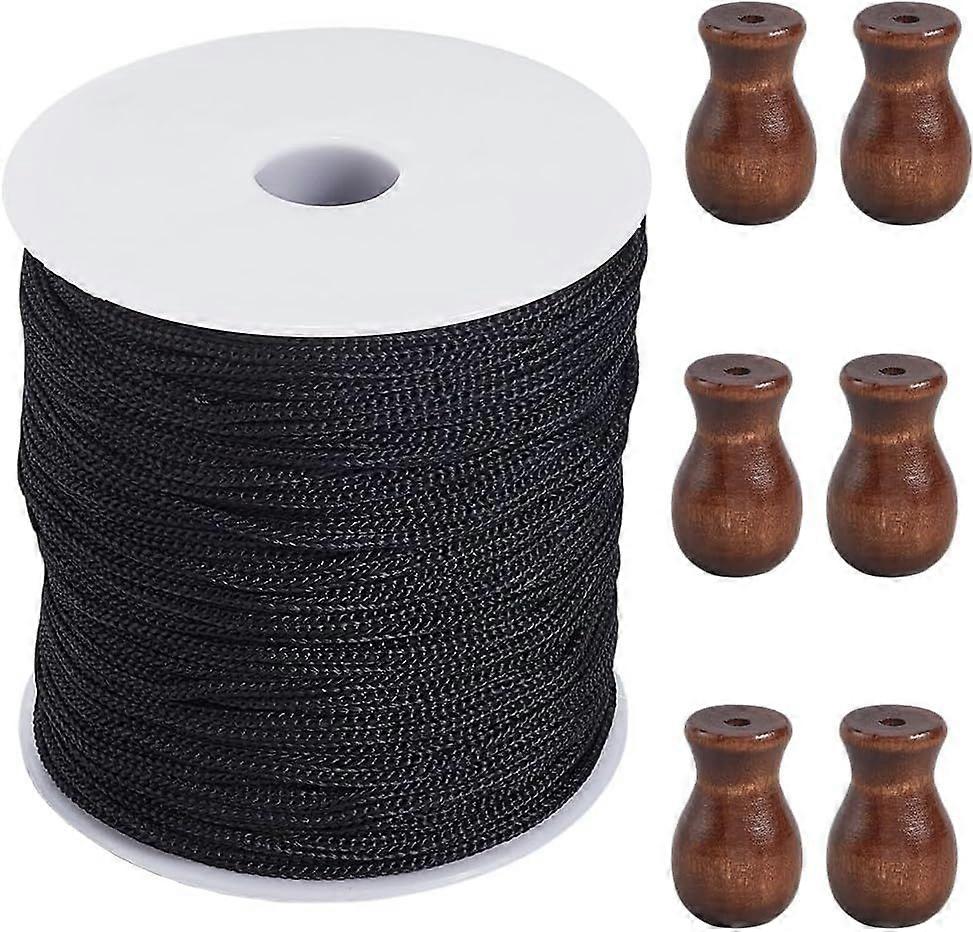 100M/109 Yard 2mm Blind Pull String Roman Blind Cord Pull with 6Pcs Black Wood Findings Knobs Round Weather Resistant Spool Thread Rope Kits Accessori