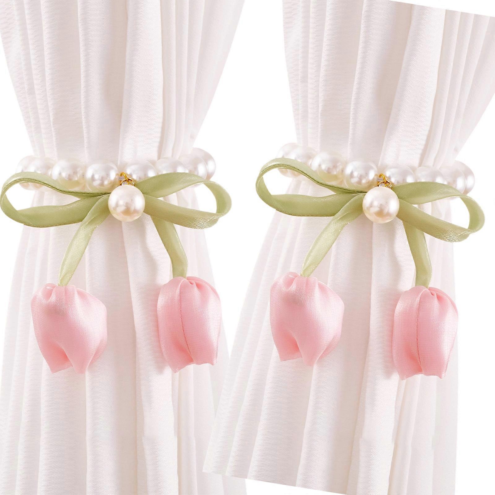 Set of 2 Magnetic Curtain Tieback Handmade Tulips Bowknot Pearls Window Drapery Buckles Holdbacks For Modern Home Decors Multicolor