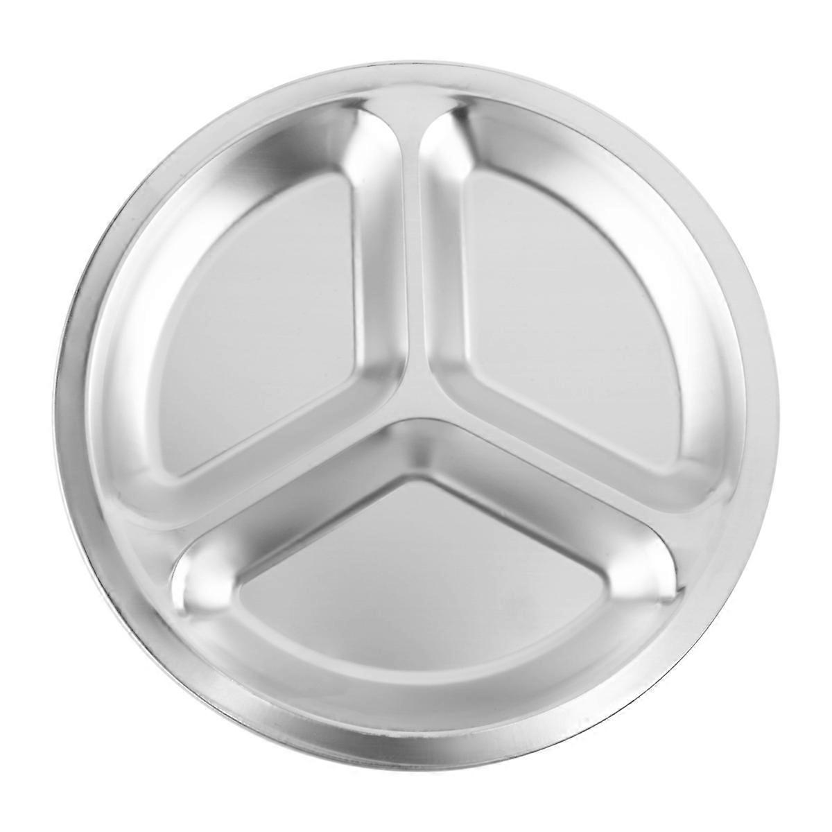 Stainless Steel 3 Sections Round Divided Dish Snack Dinner Plate Diameter 24Cm
