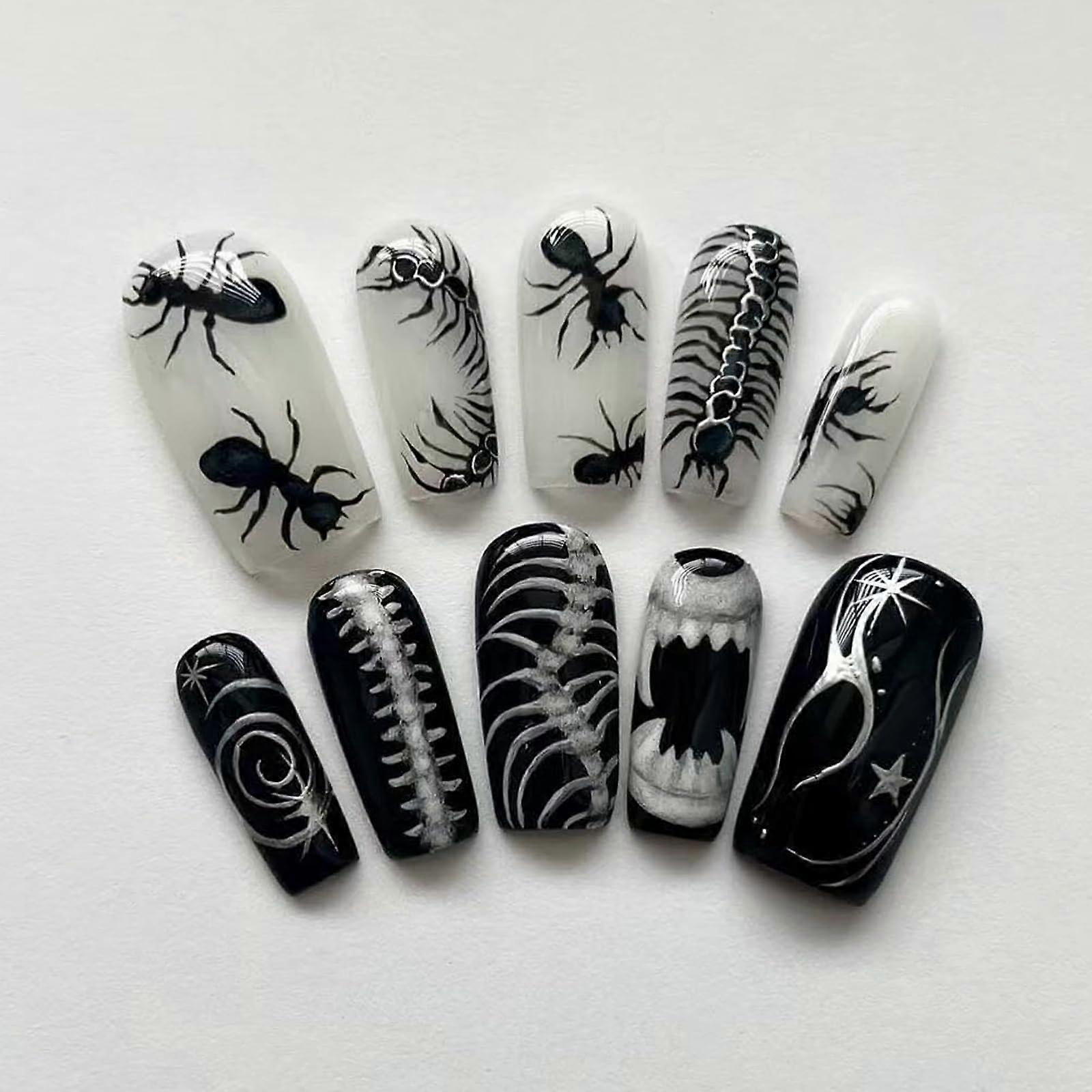 Long Square Press On Nails with Silver Chrome Gothic Acrylic Design, 24 Size Options