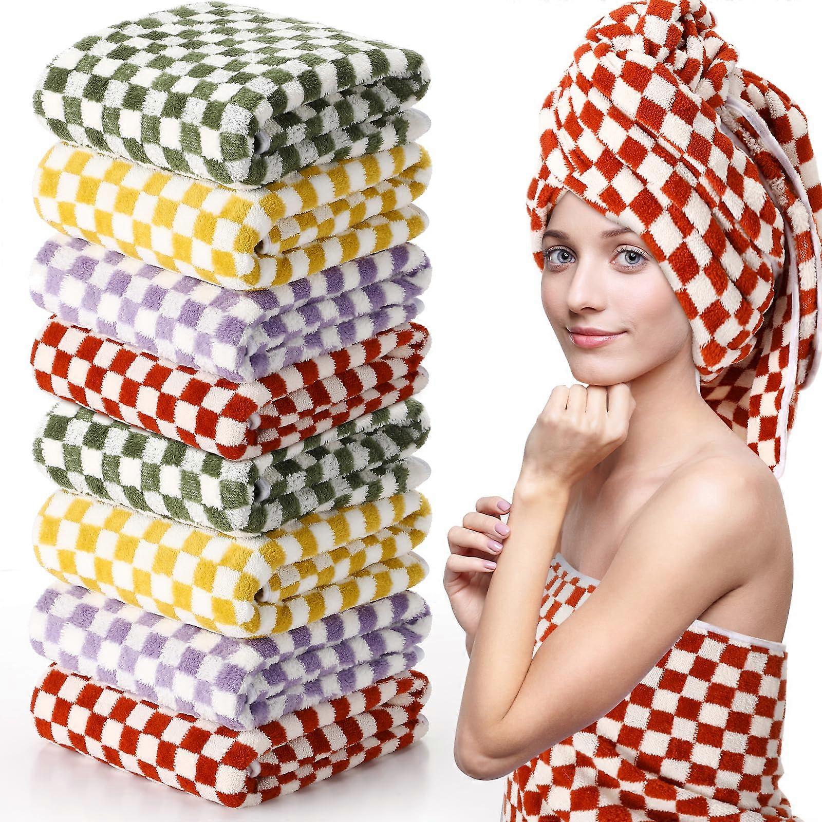 Large Checkered Bath Towels Set Soft Plush Quick Dry MultiColor for Bathroom Spa Beach 8 Pcs