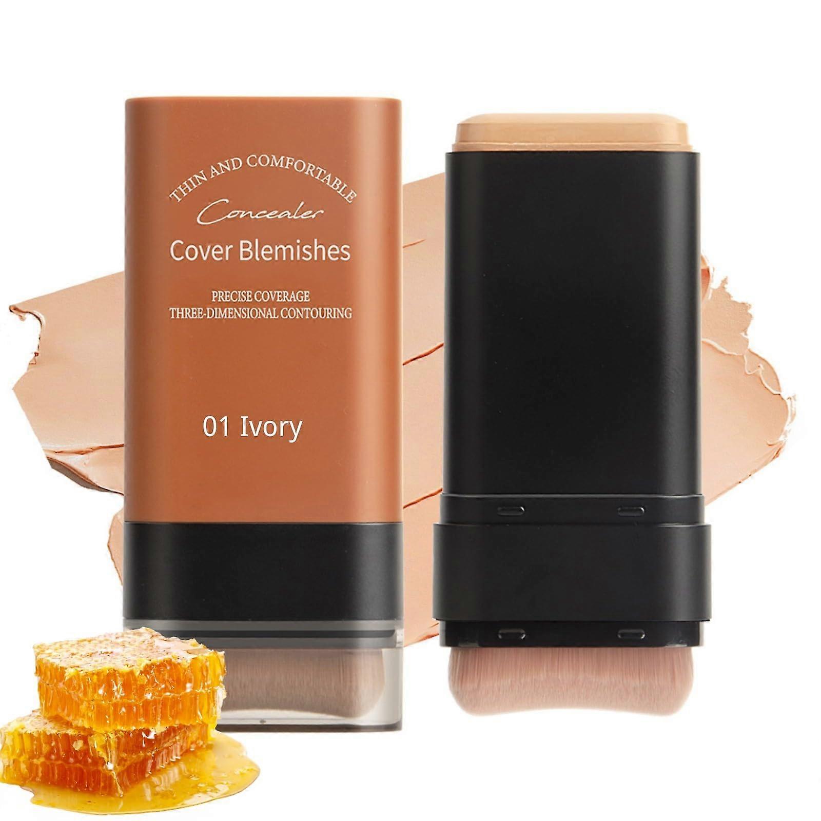 Foundation Stick with Brush, 2 in 1 Concealer, Waterproof Ivory Shade, Buildable Medium Coverage