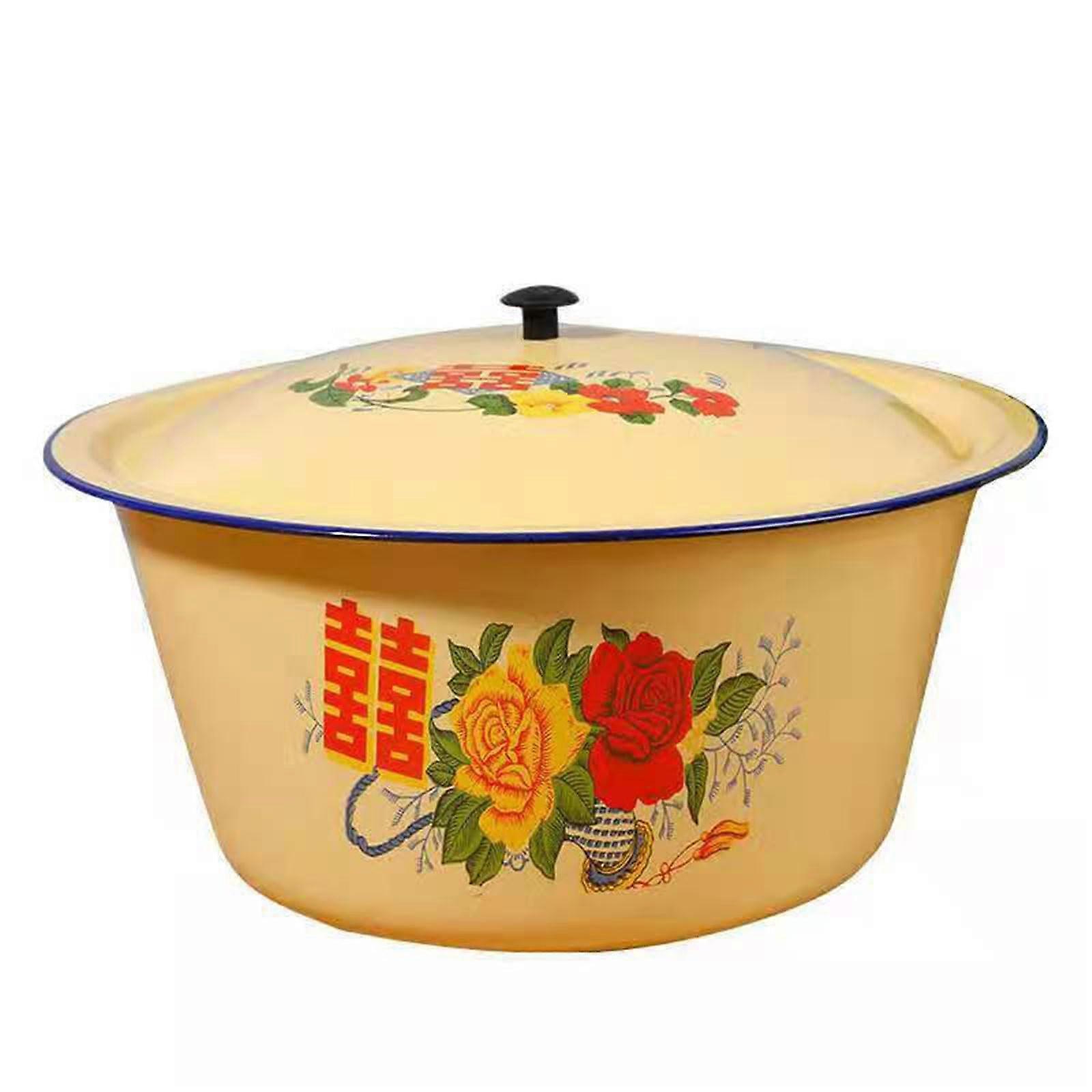 Large Enamel Mixing Bowl with Lid, Scratch Proof Vintage Enamelware for Cooking and Storage Ref: 2781
