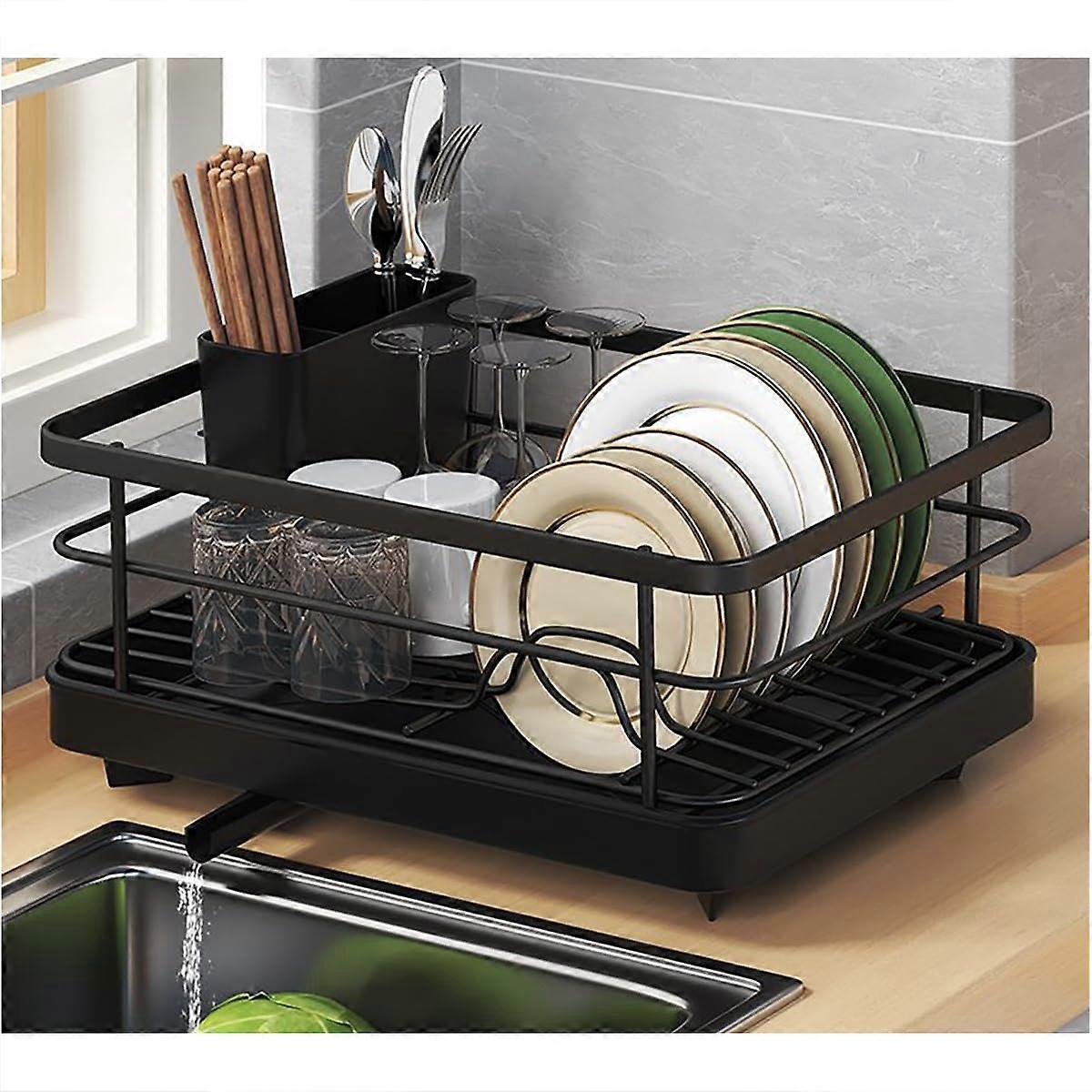 Large Black Dish Drying Rack with Utensil Holder and Drainboard, RustResistant Large Capacity Storage