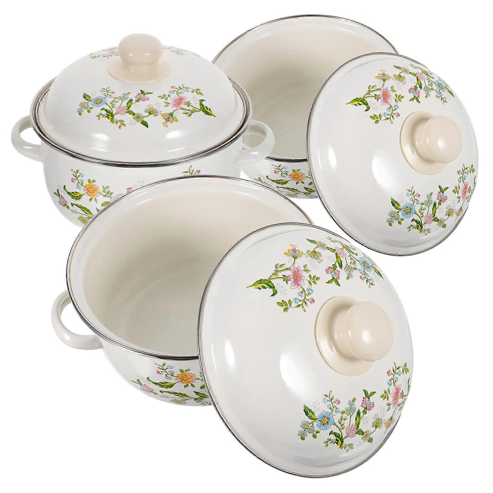 3pcs Mini Enamel Soup Pot Set with Lid, AntiScald Handles, Induction Compatible