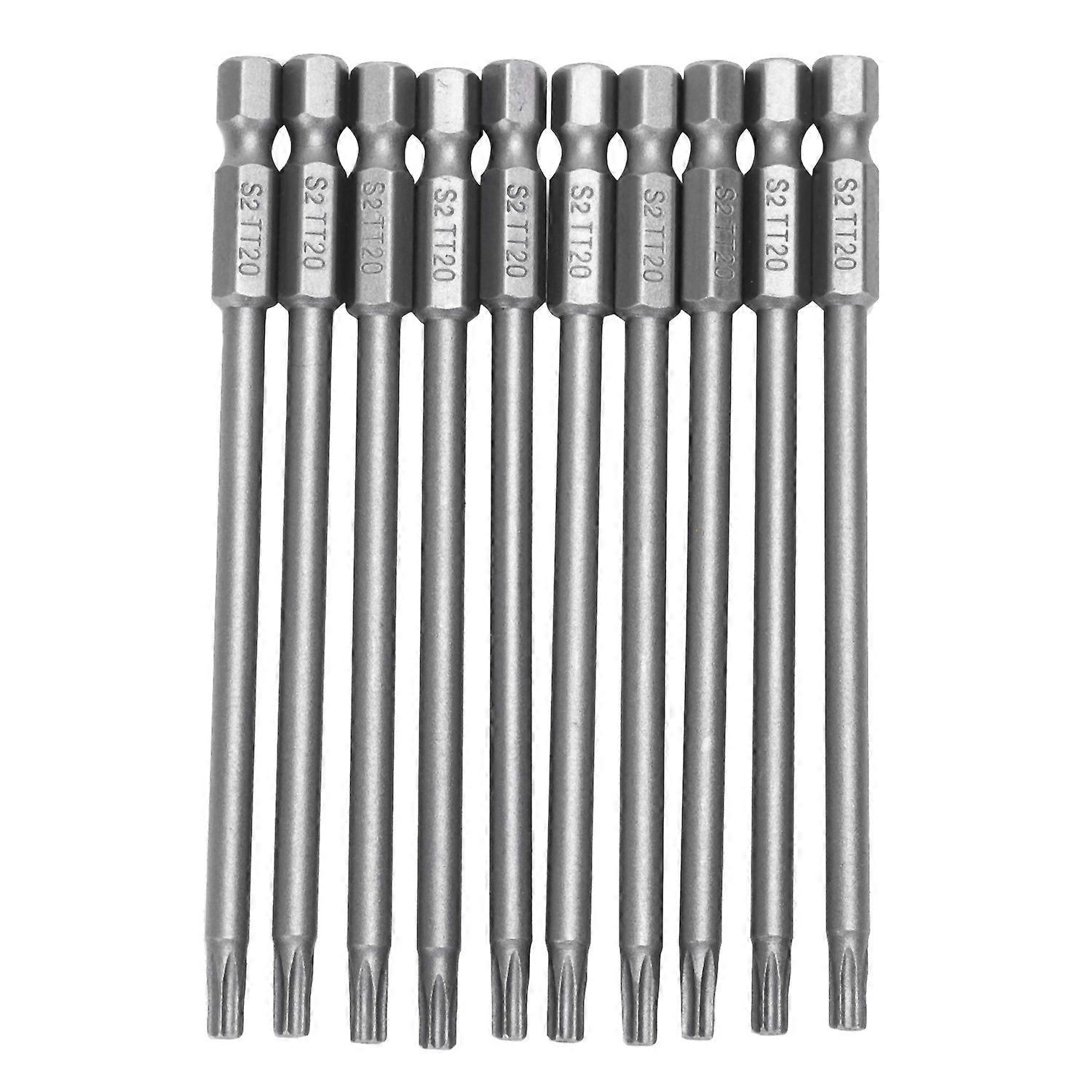 10pcs 100mm Length 1/4 inch Hex Shank T20 Torx Security Screwdriver Bits, Silver Gray
