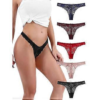 [5 Pack] Breathable Low Rise Sexy Lace Thong, Solid Medium Elastic G-strings &amp; Thongs, Women's Lingerie &amp; Underwear-xl12