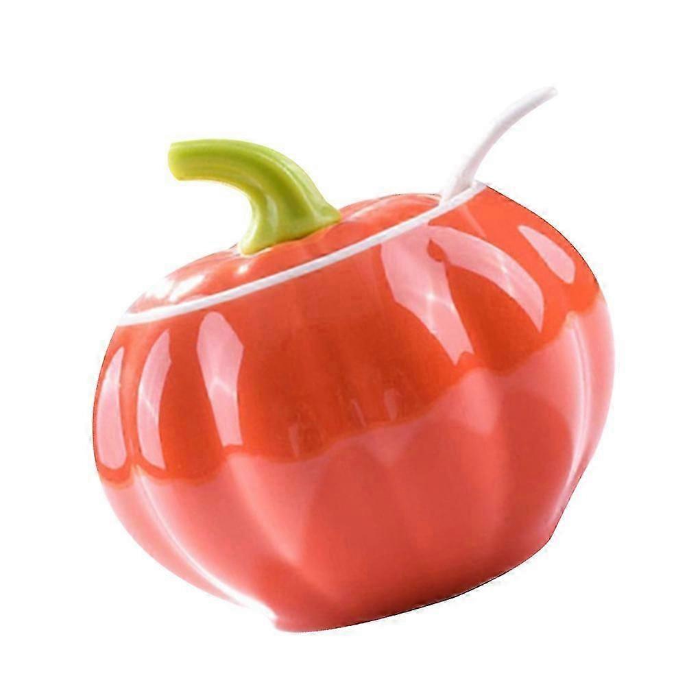 Pumpkin Shape Ceramic Spice Jar with Spoon, Orange, for Kitchen Storage