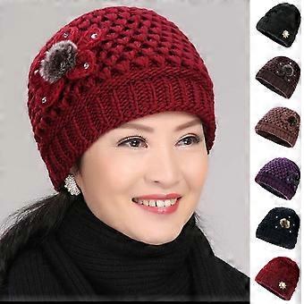 Moedermuts met bloemmotief en strass-steentjes, glanzende effen kleur, herfst/winter, dikke pluche voering, gebreide muts, streetwear, wijnrood