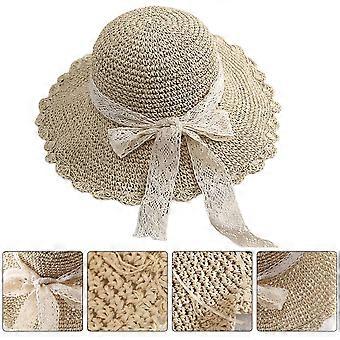 1Pc Lace Bowknot Design Straw Hat Summer Beach (Detachable Lace Belt)