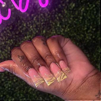 Yellow French Tip Press on Nails 24Pcs Leopard Accent Nude Pink Artificial Acrylic Nails Medium Length Flared Shape