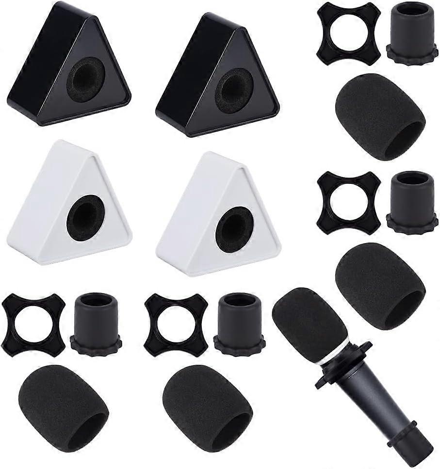 4pcs Black White Triangular Microphone Stands with 12pcs Accessories for Interview, KTV, Reporter, Host