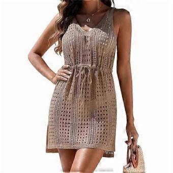 Sexy Khaki Hollow-Out Crochet Coverups for Women, Deep V-neck Swimsuit Sunscreens Pullover Shirt Dress for Bikinis