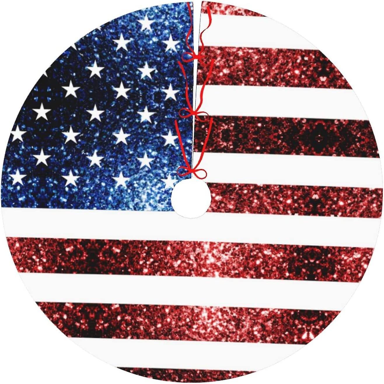 Large Christmas Tree Skirt with USA Flag Red and Blue Sparkles Glitters Pattern(48inch)