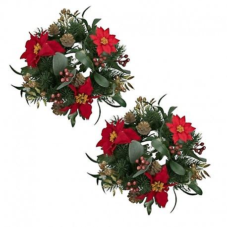 Candle Rings 2-pack for pillar candles with red poinsettias, pine cones, berries and green