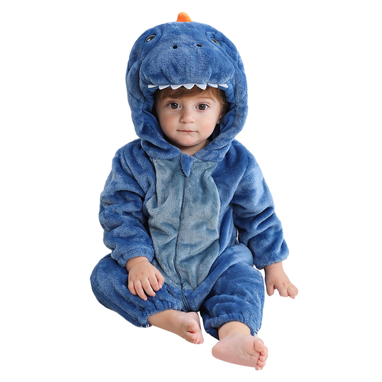 Härlig Blå Dinosaur Varm Onesie Pyjamas Med Huva Andningsbara Bekväma Rompers för Höst Vinter